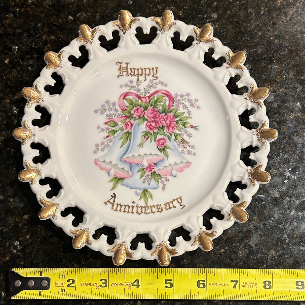 White/Gold Happy Anniversary Decorative Plate  Reticulated Edge, Norcrest 8”